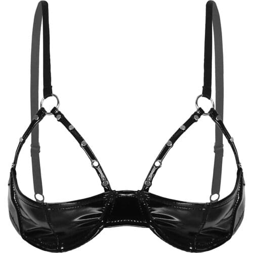 Womens Sexy Porno Open Cup Sissy Bra Tops Shiny Leather Bra with Rivet Strap Underwire Breast Exotic Lingerie Underwear