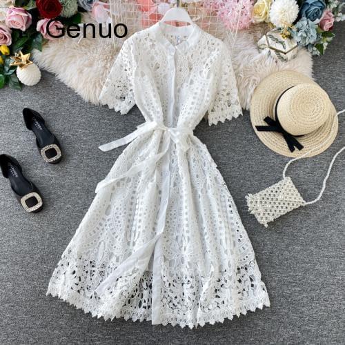 Women Office Lady Dress Summer New Solid O-Neck Sashes Empire Hollow Out Dresses Midi Slim Sweet Chic Fashion Vestidos