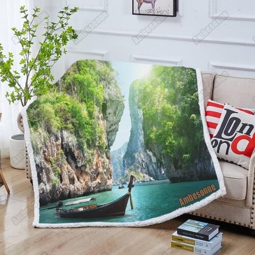 Scenic Long Boat and Rocks on Railay Beach In Krabi Sherpa Blanket for Kids Print on Demand Plush Throw Blanket Sofa Thin Quilt