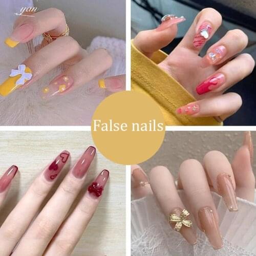 24pcs Butterfly Print Wear Long Paragraph Fashion Manicure Patch False Nails Save Time Wearable Nail Patch French Bow Fake Nails