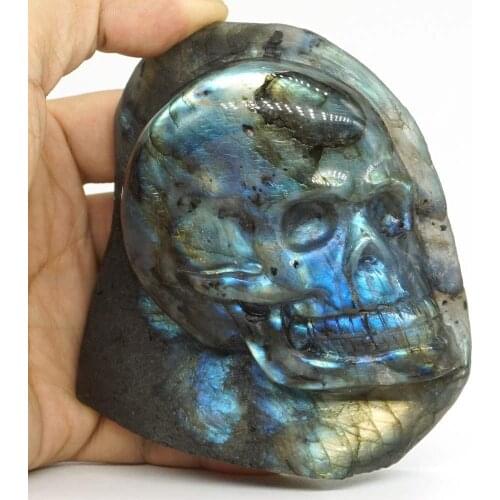 3.7"Flash Labradorite Skull Figurine Gemstone Healing Crystal Statue Home Decor