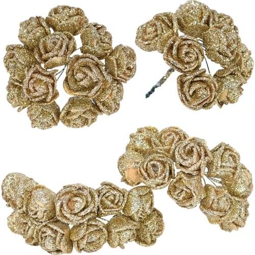 72pcs/lot 2cm Gold Pink Red Rose Red Glitter Foam Rose Artificial Flowers for Wedding Decoration Gift Box Decorative Fake Flower