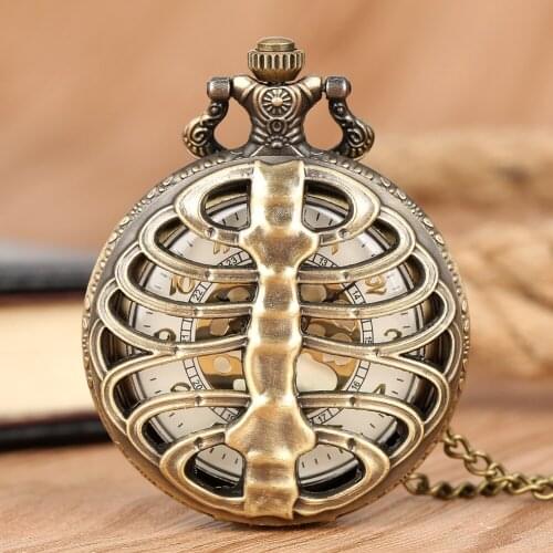 Bronze Steampunk Spine Ribs Hollow Out Quartz Pocket Watch Men Women Necklace Pendant Sweater Chain Creative Best Gift