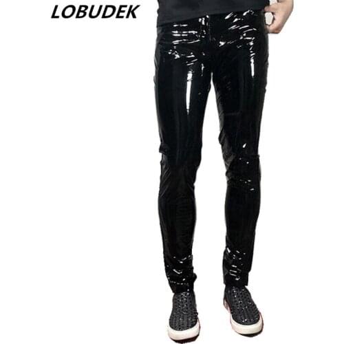 Spring Autumn Mens Stretch Skinny Leather Pants Tide Singer Hip Hop Rock Dancer Motorcycle PU Trousers Plus Size Stage Clothes