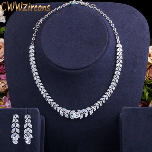 CWWZircons Classic Leaf Drop Cubic Zircon Women Dinner Party Costume Jewelry Sets Elegant Bridal Wedding Necklace Earrings T396