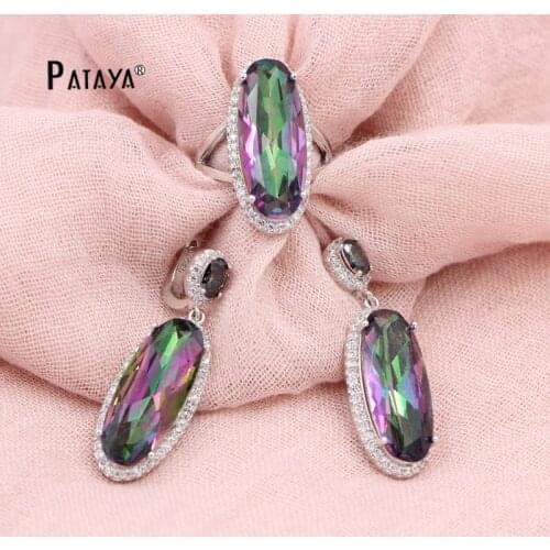 PATAYA African Beautiful Jewelry Sets True White Gold Rose Red Oval Natural Zircon Fine Long Earrings Ring Bridal Color Jewelry