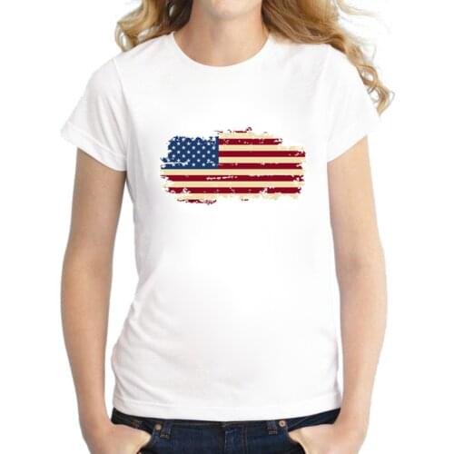BLWHSA New T shirt for Women USA Flag Cotton Short Nostalgia Style United States Flag Female T-shirts