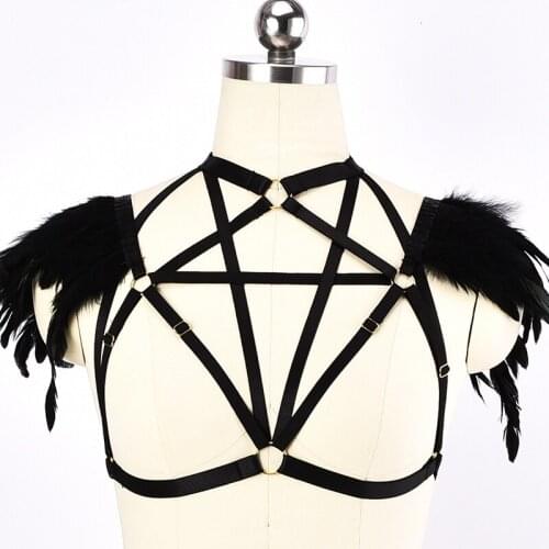 JLX.HARNESS Women Sexy Black Pentagram Feather Epaulettes Body Harness Belt Top Body Cage Bra Burning Lingerie Gothic Harnes