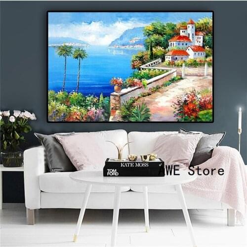 Mediterranean Sea Garden Tower Green Plant Landscape Oil Painting on Canvas Art Posters and Prints Wall Picture for Living Room