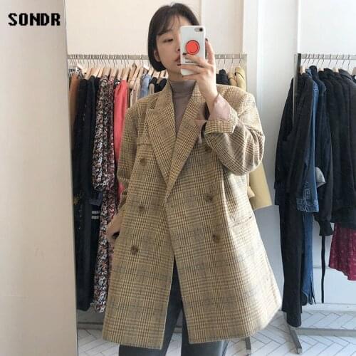 Korean Chic WomenS Coat 2020 Autumn New Fashion Jacket Vintage Double Breasted Plaid Blazer Woolen Coat Woman Casual Loose Coat