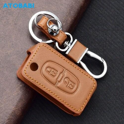 Leather Car Key Cases For Peugeot 308 3008 5008 307 207 4007 RCZ 408 Citroen C3 2 Buttons Folding Remote Control Protector Cover