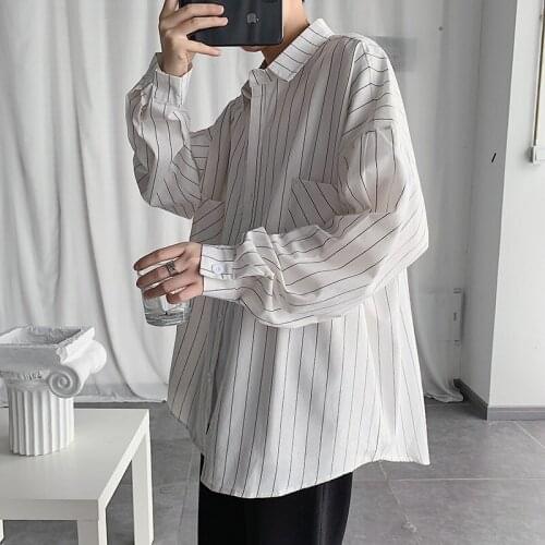 Mens Shirt White Japanese Harajuku Retro Long-sleeved Mens Shirt 2021 Mens Striped Shirt Street Casual Black Oversized