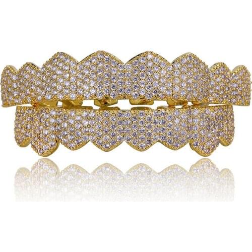 Mens Hip Hop Fang Top & Bottom teeth Grillzs Set Gold Filled Copper Micro Paved CZ Rhinestone Bling Iced Out Rapper Jewelry