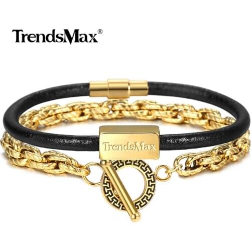 Trendsmax Set of 2 Luxury Gold Stainless Steel Twist Chain Genuine Leather Bracelet For Man Women Stack Bracelet Jewelry DLBF56
