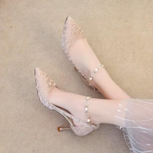 Korean Style 2021 Spring and Summer New Lady Dress High Pumps Womens Fashionable Pointed Toe Kitten Heel Ankle-Strap High Heels