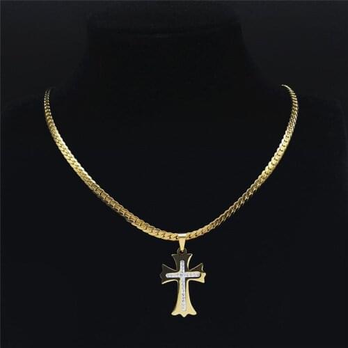 2021 Crystal Stainless Steel Cross Pendant Necklace Women/Men Gold Color Small Chain Necklaces Jewelry collar choker N8028S03