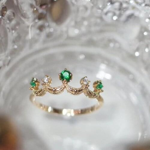 Original designer craftsmanship emerald crown sparkling opening adjustable ring retro light luxury charm ladies silver jewelry