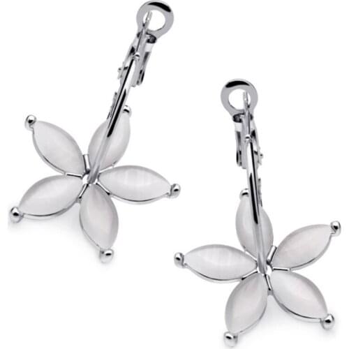 Silver Plated Flower of Life White Cat Eye Stone Drop Earrings for Elegant Women Jewelry