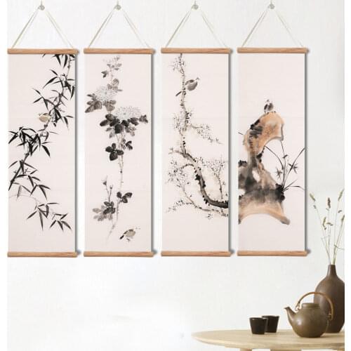 Chinese Landscape Green Plants Bamboo Canvas Posters Prints Bedroom Living Room Wall Art Solid Wood Scroll Paintings with Frame