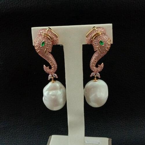 Animal White Keshi Pearl Earrings Cubic Zirconia micro Pave rose gold color plated Elephant shape Stud earrings for women
