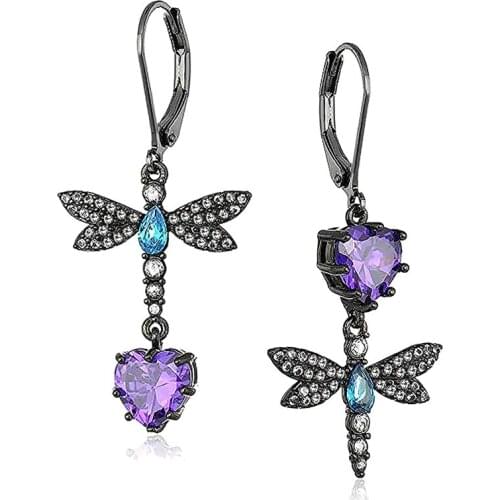 Huitan Black Punk Dragonfly Shape Women Drop Earring Purple Heart Vintage Party Female Dangle Earring Jewelry Unique Accessories