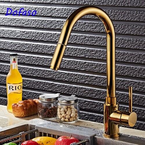 Dofaso luxury golden Deluxe Pull Out Spray Mixer Tap Pullout Sprayer Kitchen Faucet Gold Plating pull down faucets