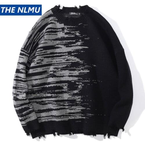 Harajuku Ripped Destroyed Sweater Hip Hop Streetwear Patchwork Print Knitted Jumper Sweater 2021 Pullover Loose Knitwear WE173