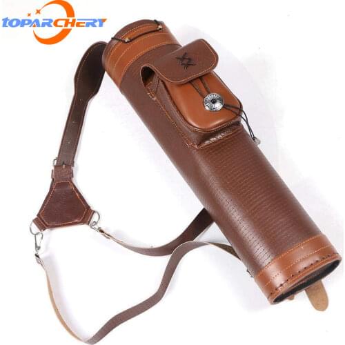 TOPARCHERY Traditional Shoulder Back Quiver Bow Leather Arrow Holder with Large Pouch Handmade Straps Belt Bag Brown