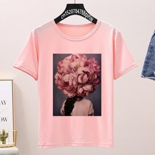 Women Flower Butterfly Lady Pink Print T Shirt Summer Short Sleeve Harajuku T-shirt Girl 90s Ullzang KPOP Tops Tees,Drop