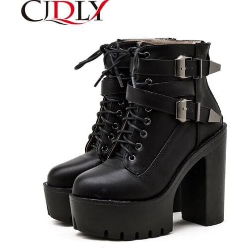 CJDLY Winter Metal Buckle Ankel Boots Women Punk Female Platform Boots High Heels PU Leather Gothic Women Boots Botas Mujer