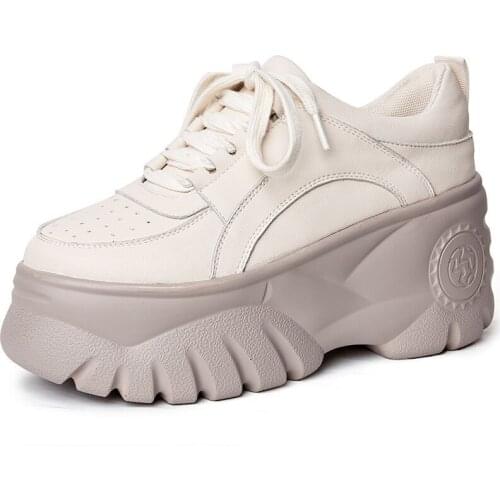 Koznoy Genuine Leather 8.5cm Super Thick Sole Platform Women Shoes Chunky Sneakers Ins Za Women Vulcanized Shoes Sneakers