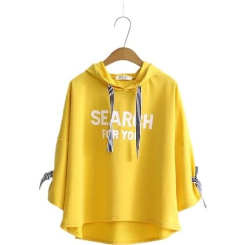 Women Short Sleeve Hoodies Japan Style 2021 Summer Three-Quarter-Sleeve Hooded Pullover Drawstring Sweatshirts 2113429