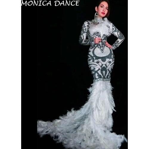Women Sexy Stage Black White Rhinestones Flowers Feather Dress Glisten Costume Women Prom Birthday Celebrate Party Dresses
