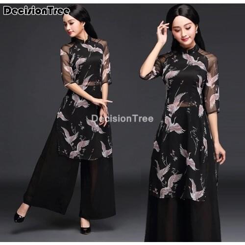 2021 woman chiffon crane print ao dai vietnam clothing ao dai vietnam robe+ pants set vietnam costumes improved cheongsam dress