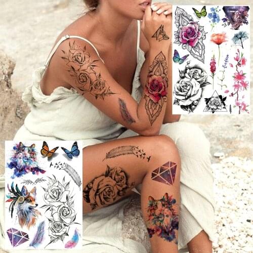 Watercolor Flower Tattoos Temporary Realistic Fake Lavender Peony Rose Tattoo Paper Flash Washable Body Art Tattoos 3D Diamond