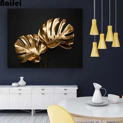 Full Square Round Drill Large 5d Diy Diamond Painting Golden Leaf on Black Background Mosaic Embroidery Sale