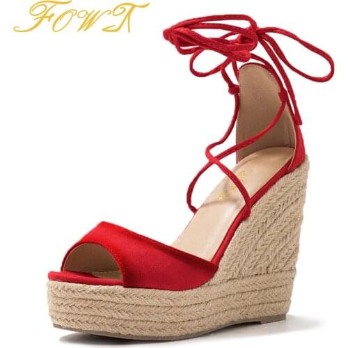 Red High Wedges Heels Platform Ankle Strap Sandals Woman Large Size 11 16 Dress Fashion Ladies Shoes FOWT