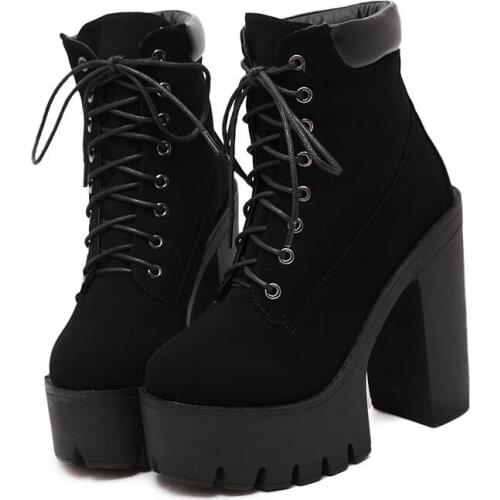 Sexy Fashion Spring Autumn Platform Ankle Boots Women Lace Up Shoes Thick Heel Platform Boots Ladies Worker Boots Black Big Size
