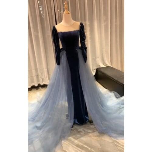 Elegant Saudi Arabic Evening Dresses Dark Blue Mermaid Long Train Prom Gowns 2021 Dubai Evening Gowns LD04345
