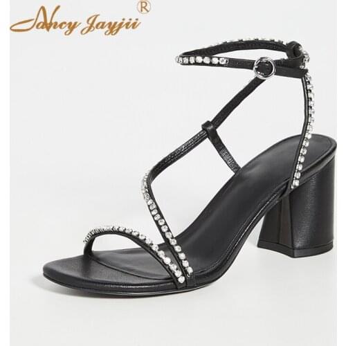 Cristal Sandals Black Chunky Square Heels Ankle Strap Casual Dressing Funky Women Shoes Big Size 15/16 NANCYJAYJII 2020 Summer