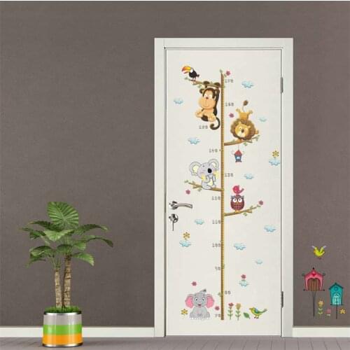 Cartoon Animals Wall Sticker Lion Monkey Owl Elephant Height Measure Kids Rooms Growth Chart Nursery Home Decor Art Door Decals