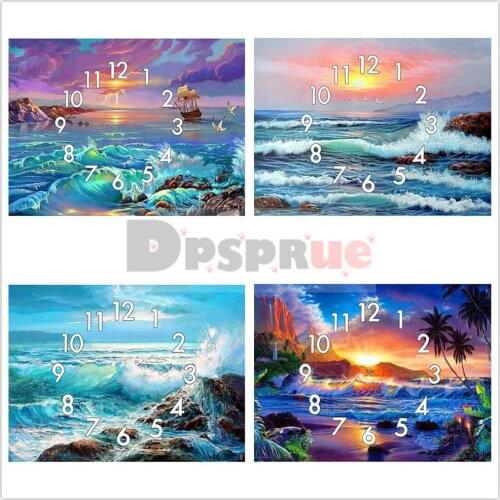 Dpsprue 5D Diamond Painting Kit With Clock Cross stitch Full Square Round Diamond Embroidery Mosaic Sea Scenery Gift