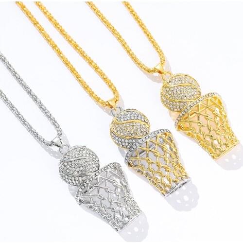 Hip-Hop Basketball Frame Necklace Men Long Chain Basketball Hoop Net Pendant Necklace Sports Gifts for Friends Teammate