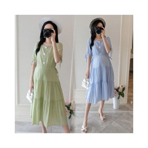 Maternity dress summer new short-sleeve square collar solid color cake chiffon maternity wild stitching dress