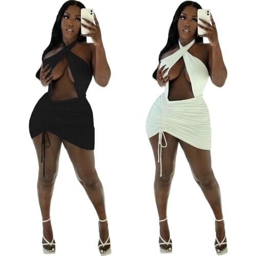 Echoine Wrap Halter Backless Mini Dress Drawsting Pleated Stacked Sleeveless Black Party Sexy Dresses Skinny Fitness Clubwear