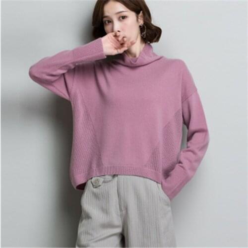 Korean style pure wool knit women brief high collar loose irregular hem pullover sweater purple 5color L-2XL