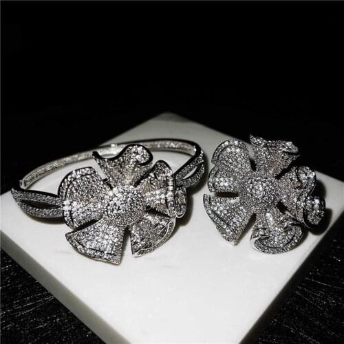 QTT New Arrival 925 Sterling Silver Jewelry Set For Women Dazzling Flower Bracelet Ring Set Fine Jewelry Party GIft