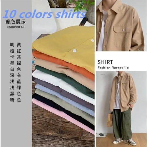 Simple Design Solid Colors Long Sleeve Shirts Korean Fashion Mandarin Collar 100% White Black Shirt Soft Comfort 2021 pocket