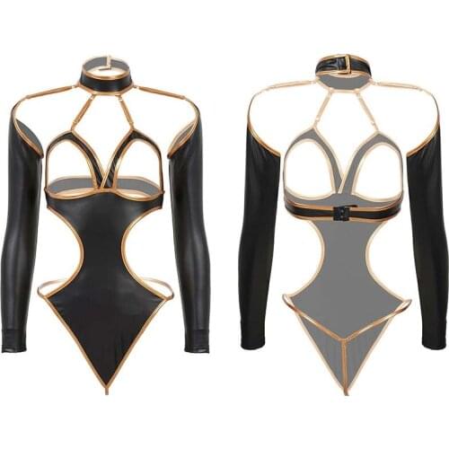 Sexy Womens Cupless Faux Leather Teddy Open Breast Strappy Thong Bodysuit Lingerie Mistress Fetish Costume