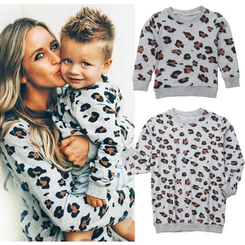 PUDCOCO Mother and Boys/Girls Leopard Print Hoodies Sweatshirt Family Matching Tops Outfits